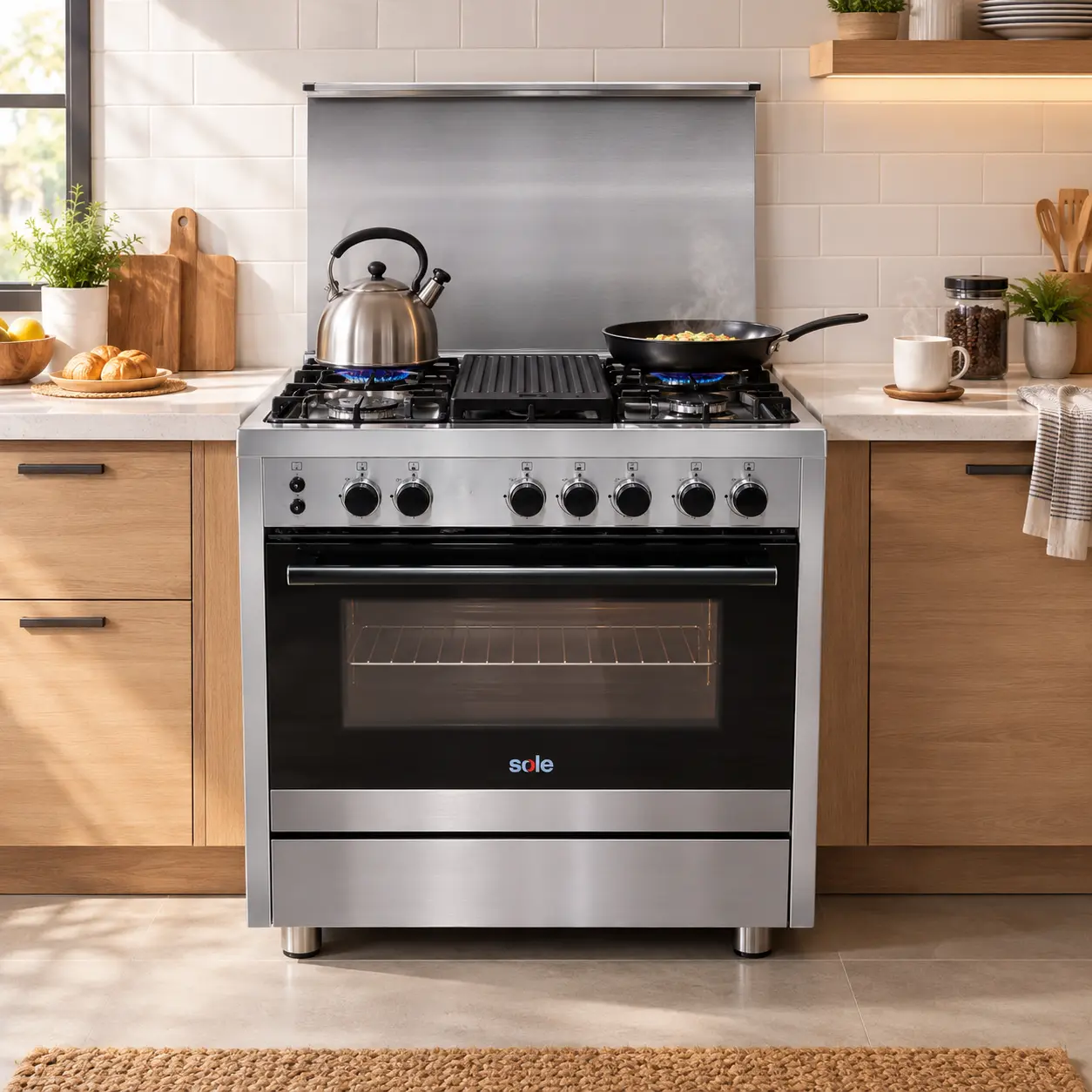 Cocina a gas plateada de pie con tapa de acero inoxidable levantada en una cocina con muebles de madera